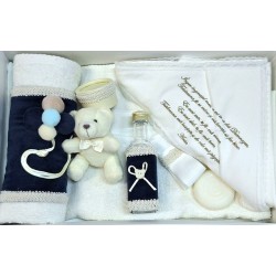 Trusou Botez baieti cu broderie si ursulet Noya Baby Crem Bleumarin TRB528TRC