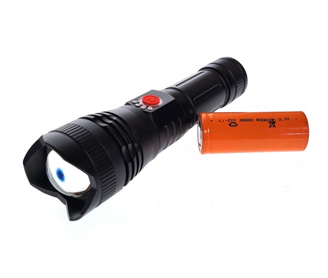 LANTERNA CU LED LUXEON 3W, RAZA VIZIBILA PE DISTANTA LUNGA, INDICATOR NIVEL INCARCARE, ACUMULATOR 26650, 8000mAH, 3.7V