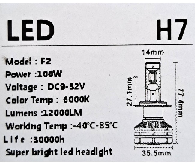 Set 2 becuri led H7, 100W, cob, lumina alb-rece, 12000 lumeni, F2H7