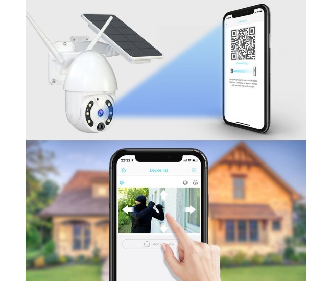 Camera de supraveghere profesionala, cu 4G, WIFI, 2MP, 1080p, de exterior, Full HD, Panou solar, Rotire din aplicatie, rezistenta la apa, comunicare audio bidirectionala, senzor miscare, activare lumina, Alb
