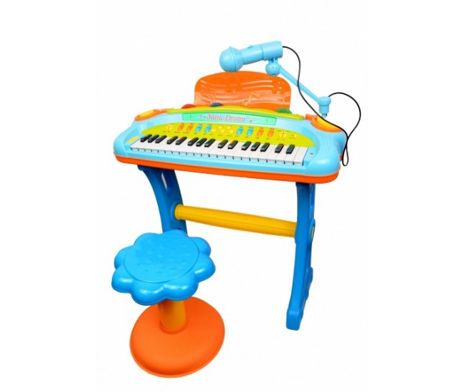 Orga de jucarie cu scaunel si microfon pentru copii, 3 octave, sunete si lumini - 6617A