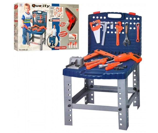 Banc de scule copii cu bormasina electrica de jucarie si o multime de accesorii - 00822 Banc de scule copii cu bormasina electrica de jucarie si o multime de accesorii - 00822