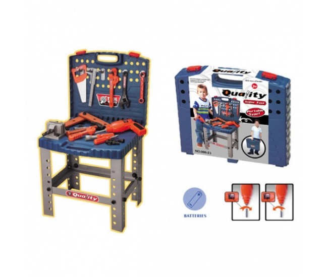 Banc de scule copii cu bormasina electrica de jucarie si o multime de accesorii - 00822 Banc de scule copii cu bormasina electrica de jucarie si o multime de accesorii - 00822
