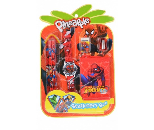 Set ceas pentru copii cu Spiderman + portofel, creioane, ascutitoare, rigla si guma - COCO8011604