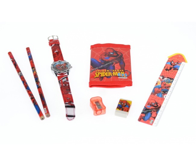 Set ceas pentru copii cu Spiderman + portofel, creioane, ascutitoare, rigla si guma - COCO8011604