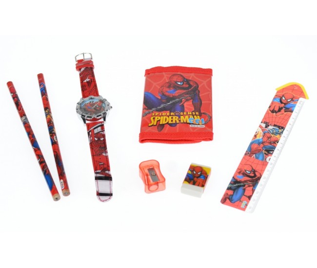 Set ceas pentru copii cu Spiderman + portofel, creioane, ascutitoare, rigla si guma - COCO8011604