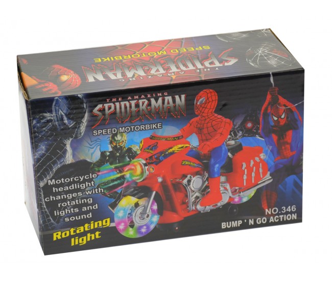 Motocicleta Spiderman de jucarie, cu luminite si sunete, rosie - 346 Motocicleta Spiderman de jucarie, cu luminite si sunete, rosie - 346