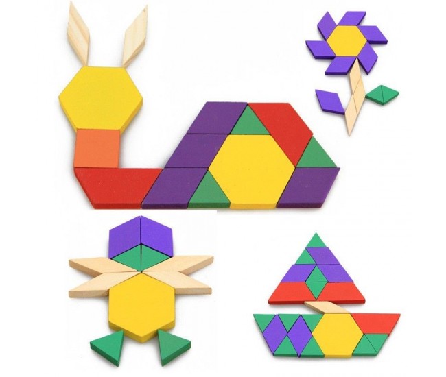 Joc educativ lemn, tangram 125 piese, Puzzle Blocks multicolor - 22200044