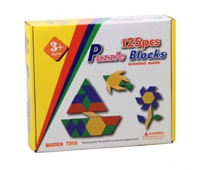 Joc educativ lemn, tangram 125 piese, Puzzle Blocks multicolor - 22200044