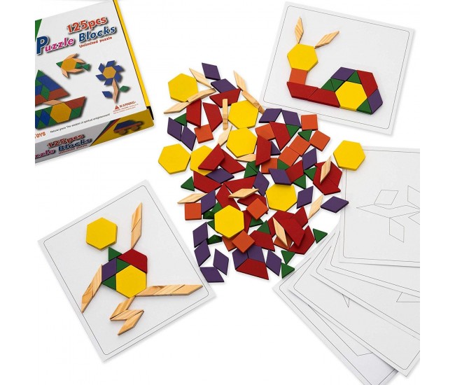 Joc educativ lemn, tangram 125 piese, Puzzle Blocks multicolor - 22200044