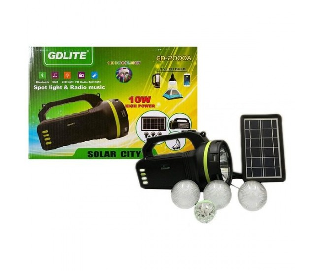 Kit solar cu lanterna si instalatie de iluminare cu 3 becuri incluse, functie de Powerbank, boxa cu Bluetooth si Radio FM - GD2000A