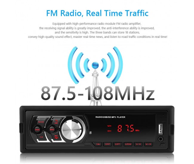 Radio de masina USB, SD, ecran LED rosu - 1781E