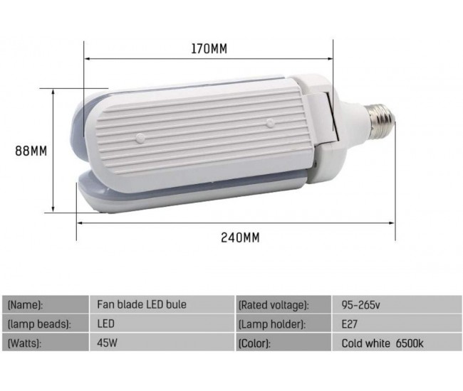 Bec LED cu 3 brate pliabile, 45 W, CCT 6500K, baza E27 - KK0163