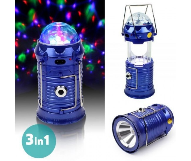 Lanterna solara cu felinar retractabil, lumina de veghe si glob disco rotativ, iesire USB, reincarcbila solar si 220V - 5801T Lanterna solara cu felinar retractabil, lumina de veghe si glob disco rotativ, iesire USB, reincarcbila solar si 220V - 5801T