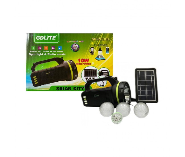 Kit solar cu lanterna si instalatie de iluminare cu 3 becuri incluse, functie de Powerbank, boxa cu Bluetooth si Radio FM - GD2000A