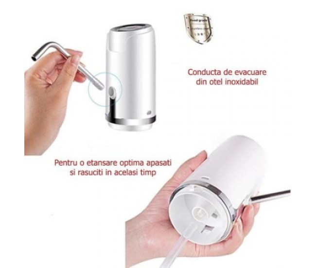 Pompa electrica pentru bidon, dozator, dispenser apa de baut, incarcare USB, alb