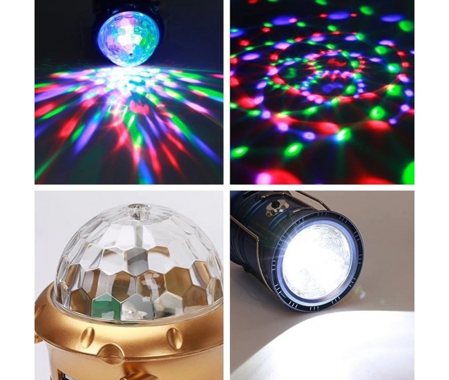 Lanterna solara cu felinar retractabil, lumina de veghe si glob disco rotativ, iesire USB, reincarcbila solar si 220V - 5801T Lanterna solara cu felinar retractabil, lumina de veghe si glob disco rotativ, iesire USB, reincarcbila solar si 220V - 5801T