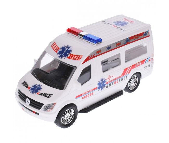 Ambulanta de jucarie, actionata mecanic, detalii realistice, alb