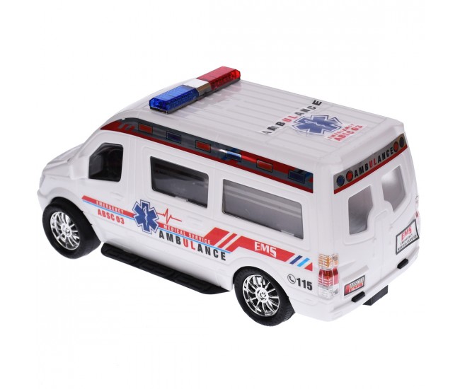 Ambulanta de jucarie, actionata mecanic, detalii realistice, alb