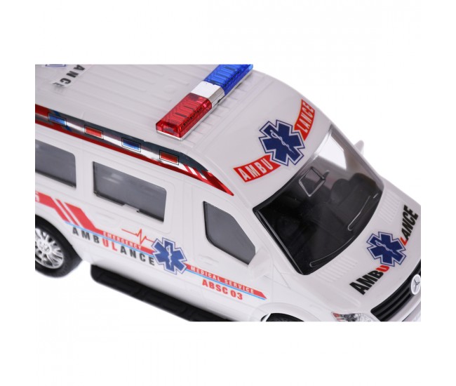 Ambulanta de jucarie, actionata mecanic, detalii realistice, alb