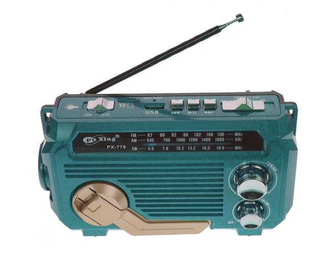 Radio MP3 Portabil cu Bluetooth, Panou Solar si baterie reincarcabila, cu Lanterna, USB, TF, AUX, Albastru - PX778BLUE