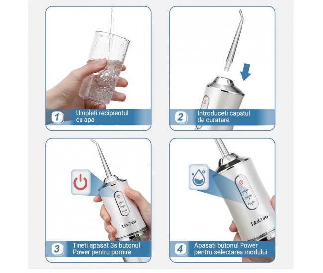 Irigator Oral Profesional pentru dus bucal, 4 Capete Curatare Anti-Tartru, Rezervor 220 ml, Alb