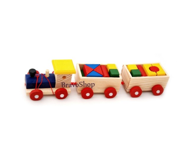 Jucarie creativa din lemn, trenulet cu vagoane si forme geometrice, 1114A