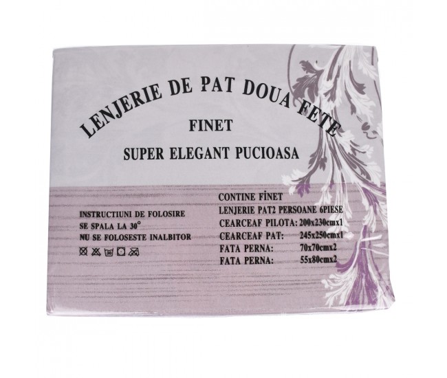 Lenjerie de Pat din Finet cu elastic, Super Elegant Pucioasa, 6 Piese, Pat 2 Persoane, model floral, mov si bej