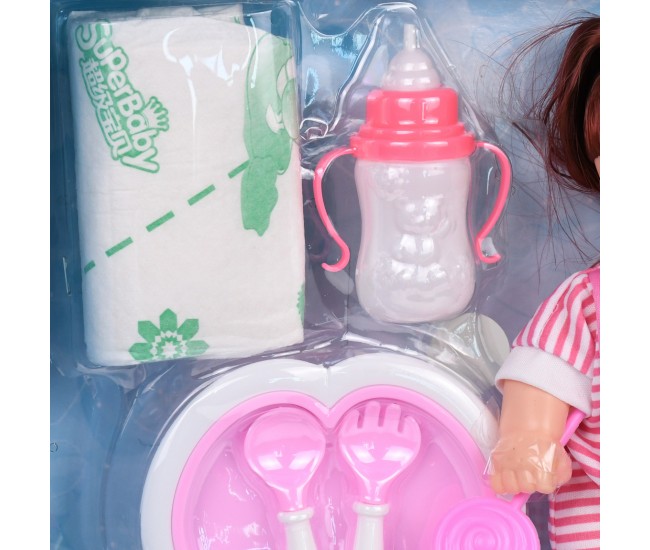 Papusa bebelus de jucarie, biberon si pampers, inaltime 21 cm, roz