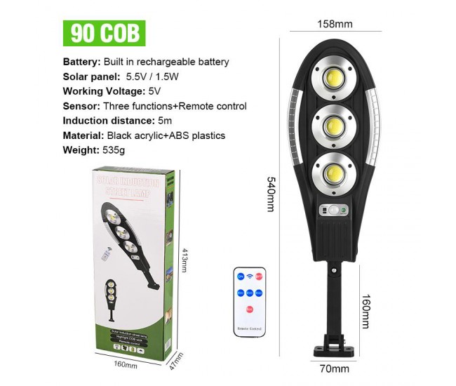 Lampa solara cu senzor de miscare si telecomanda, 90 Led COB, rezistenta la apa