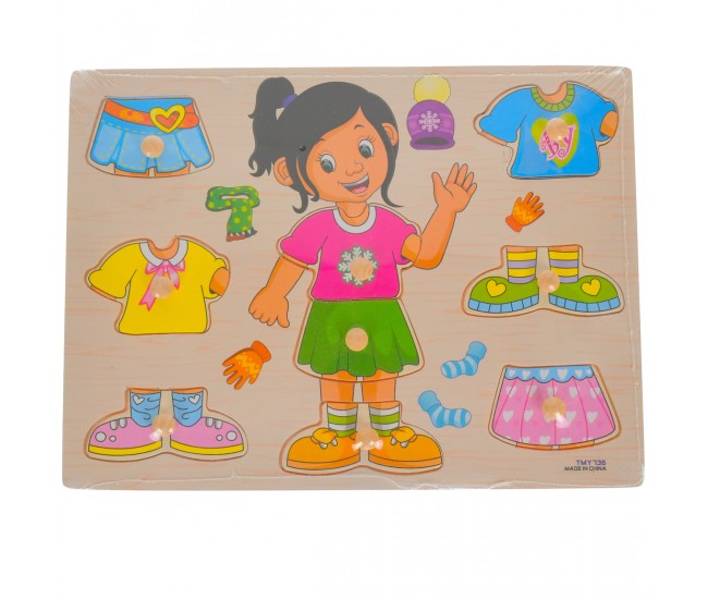 Puzzle de jucarie cu imbracaminte, potrivire dimensiuni, din lemn, roz/multicolor