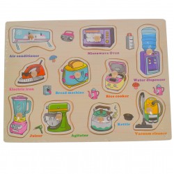 Puzzle de jucarie cu electrocasnice, potrivire dimensiuni, din lemn, multicolor Puzzle de jucarie cu electrocasnice, potrivire dimensiuni, din lemn, multicolor