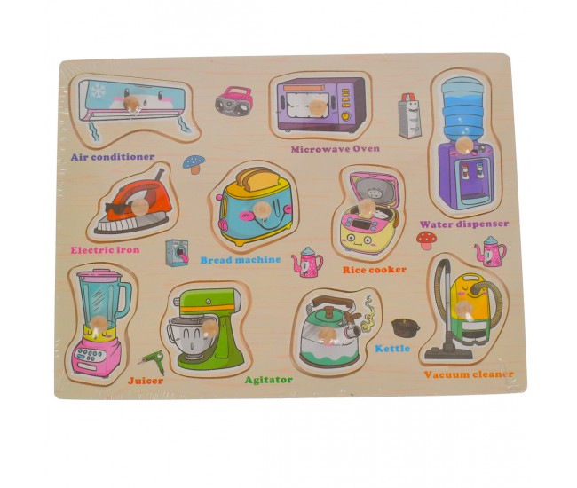 Puzzle de jucarie cu electrocasnice, potrivire dimensiuni, din lemn, multicolor