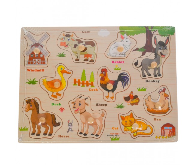 Puzzle de jucarie cu animale domestice, potrivire dimensiuni, din lemn, multicolor