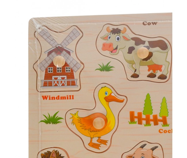 Puzzle de jucarie cu animale domestice, potrivire dimensiuni, din lemn, multicolor
