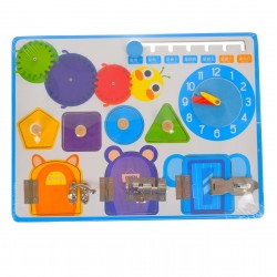 Puzzle de jucarie cu zilele saptamanii, ceas si usi cu lacat, potrivire dimensiuni, din lemn, multicolor Puzzle de jucarie cu zilele saptamanii, ceas si usi cu lacat, potrivire dimensiuni, din lemn, multicolor