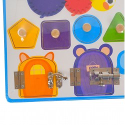 Puzzle de jucarie cu zilele saptamanii, ceas si usi cu lacat, potrivire dimensiuni, din lemn, multicolor Puzzle de jucarie cu zilele saptamanii, ceas si usi cu lacat, potrivire dimensiuni, din lemn, multicolor