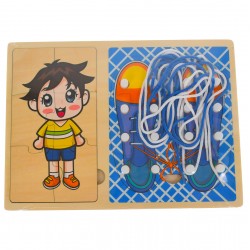 Pantofi puzzle de jucarie, potrivire dimensiuni si legare sireturi, din lemn, albastru/multicolor Pantofi puzzle de jucarie, potrivire dimensiuni si legare sireturi, din lemn, albastru/multicolor