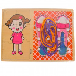 Pantofi puzzle de jucarie, potrivire dimensiuni si legare sireturi, din lemn, rosu/multicolor Pantofi puzzle de jucarie, potrivire dimensiuni si legare sireturi, din lemn, rosu/multicolor