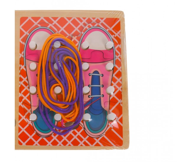 Pantofi puzzle de jucarie, potrivire dimensiuni si legare sireturi, din lemn, rosu/multicolor
