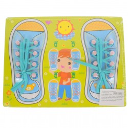 Pantofi puzzle de jucarie, potrivire dimensiuni si legare sireturi, din lemn, verde/multicolor Pantofi puzzle de jucarie, potrivire dimensiuni si legare sireturi, din lemn, verde/multicolor