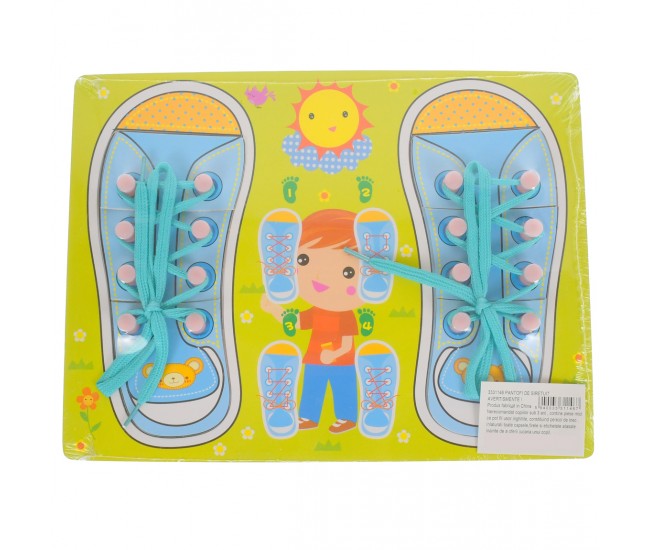 Pantofi puzzle de jucarie, potrivire dimensiuni si legare sireturi, din lemn, verde/multicolor