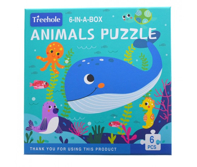 Set puzzle de jucarie, 6 animale marine din 6 piese, din carton rezistent - 3315398AM