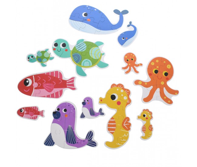 Set puzzle de jucarie, 6 animale marine din 6 piese, din carton rezistent - 3315398AM