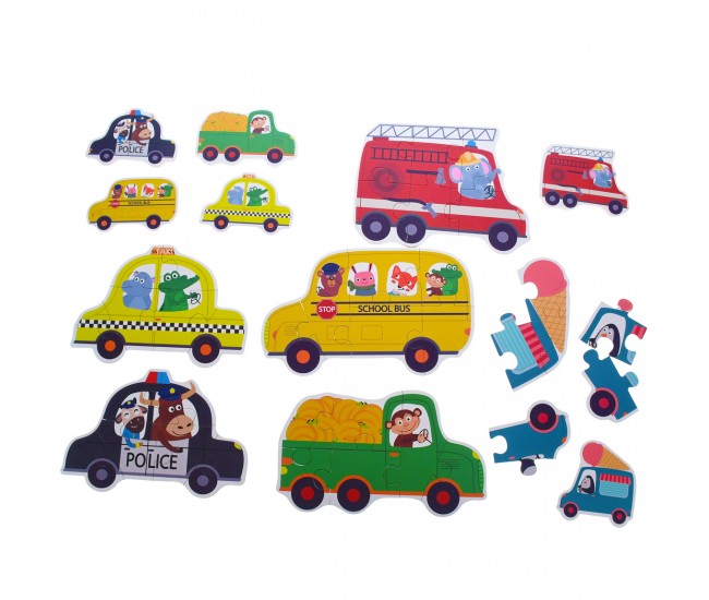 Set puzzle de jucarie, 6 vehicule din 6 piese, din carton rezistent - 3315398T