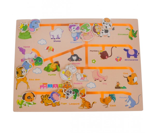 Labirint de jucarie cu animale, din lemn, multicolor, 40 x 30 cm