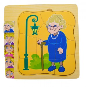 Puzzle etapele vietii de jucarie, din lemn, maro/albastru, cu femeie