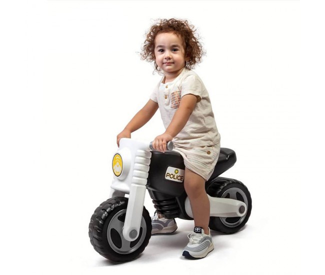 Motocicleta fara pedale pentru baieti, Scooter POLITIE, roti late, sezut, jucarie alb/negru, MOTO120