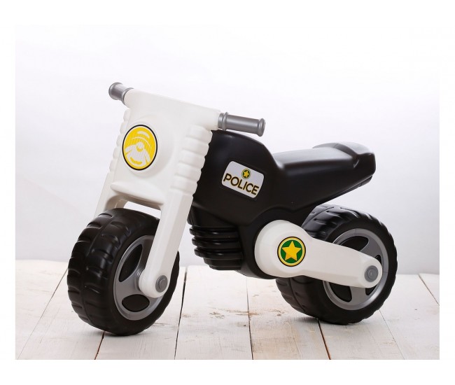 Motocicleta fara pedale pentru baieti, Scooter POLITIE, roti late, sezut, jucarie alb/negru, MOTO120