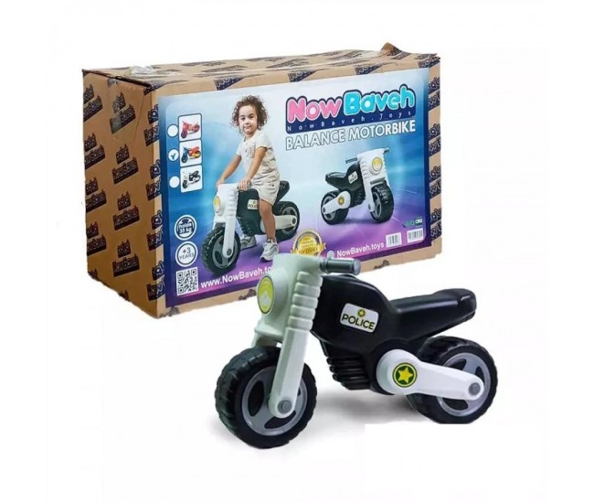 Motocicleta fara pedale pentru baieti, Scooter POLITIE, roti late, sezut, jucarie alb/negru, MOTO120
